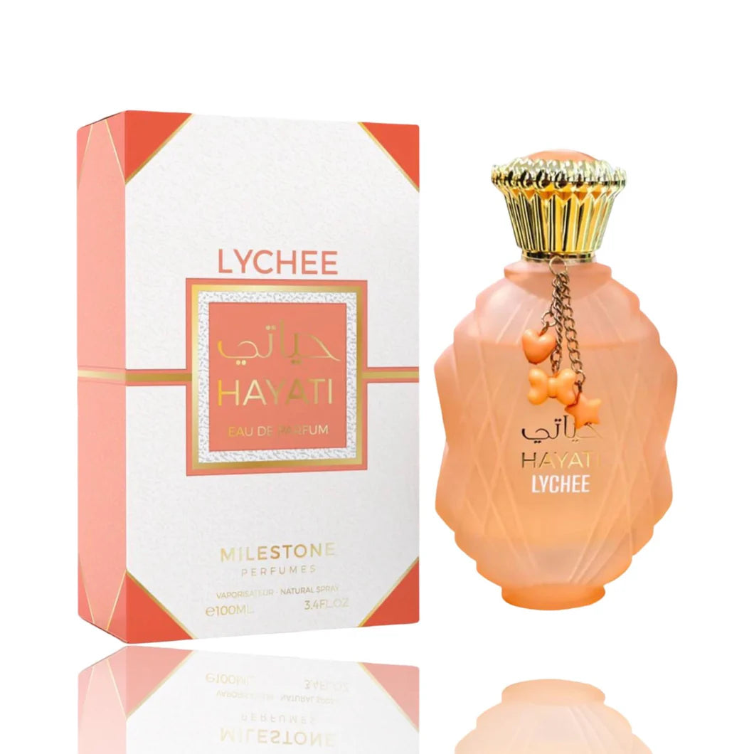 Perfume Hayati Lychee de Milestone para mujer con notas de lichi, grosella negra, rosa de Damasco y vainilla
