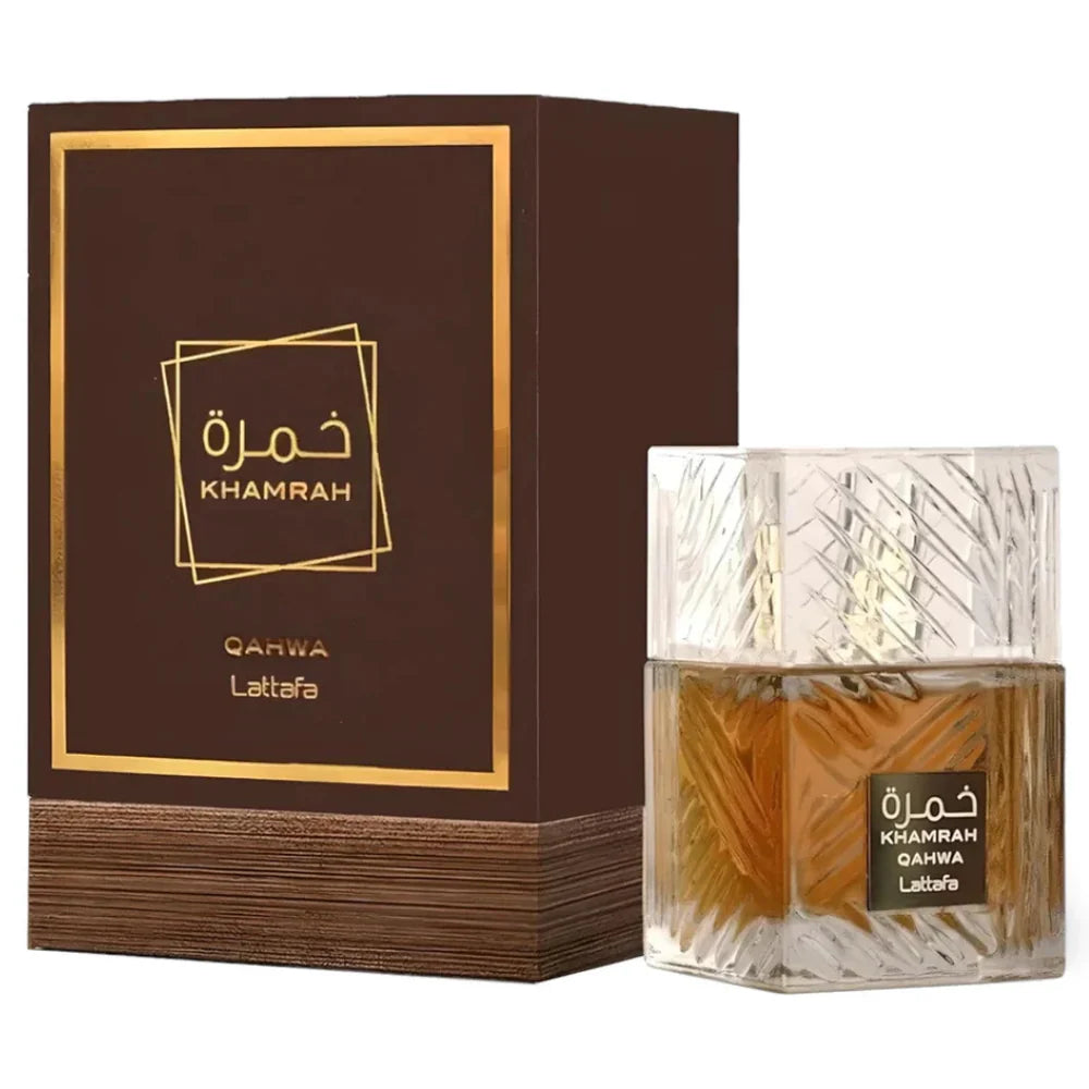 Perfume Khamrah Qahwa de Lattafa unisex con notas de canela, cardamomo, praliné, café, vainilla y haba tonka.
