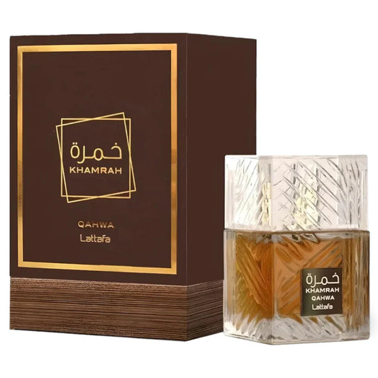 Perfume Khamrah Qahwa de Lattafa unisex con notas de canela, cardamomo, praliné, café, vainilla y haba tonka.