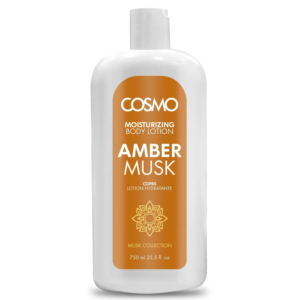 Loción corporal hidratante Amber Musk de Cosmo 750 ml con aroma a ámbar y almizcle. Hidrata, suaviza y perfuma la piel con una fragancia cálida y elegante.
