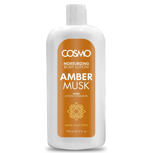 Loción corporal hidratante Amber Musk de Cosmo 750 ml con aroma a ámbar y almizcle. Hidrata, suaviza y perfuma la piel con una fragancia cálida y elegante.