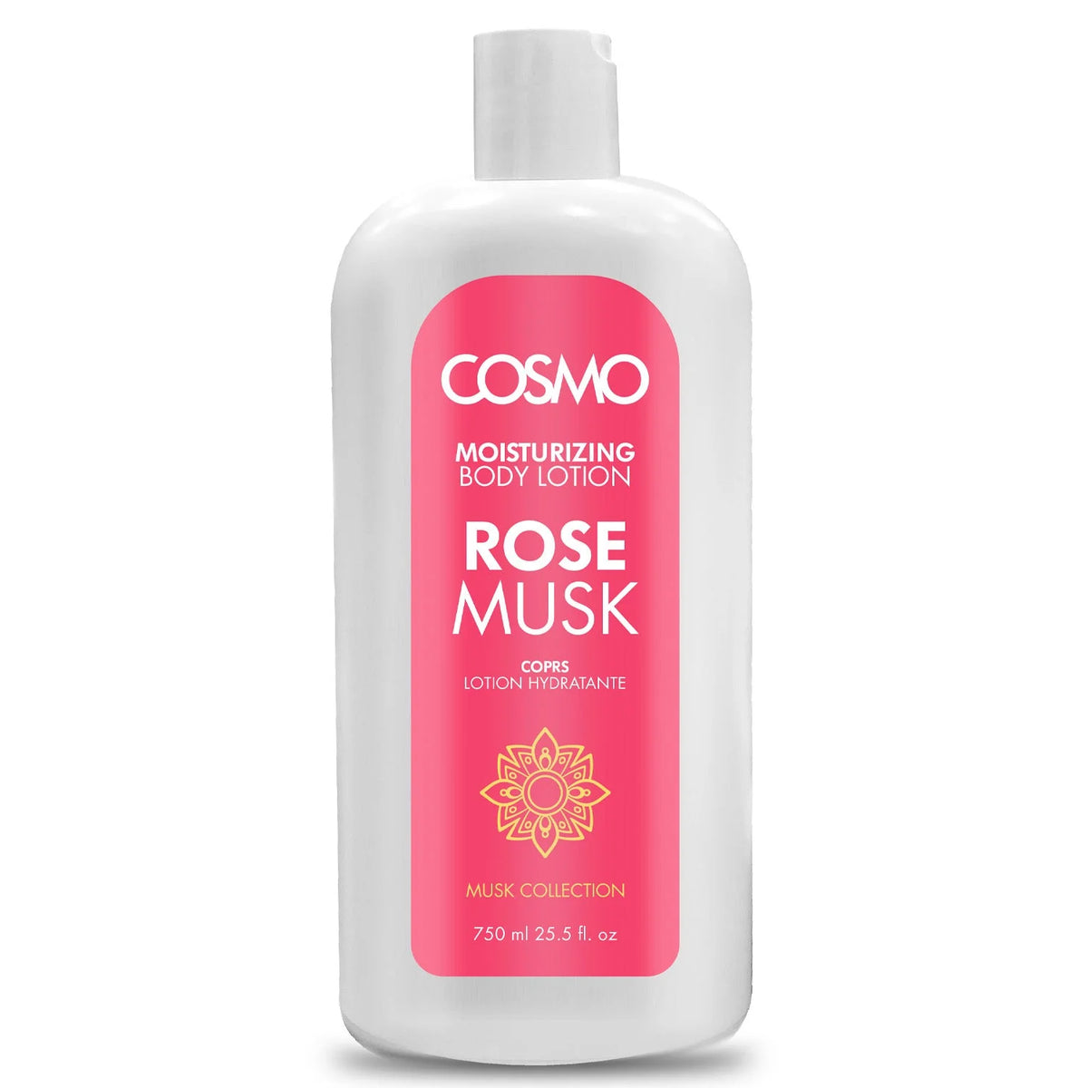 Loción corporal hidratante Rose Musk de Cosmo 750 ml con extractos de rosa y almizcle. Hidrata, suaviza y perfuma la piel con un delicado aroma floral.