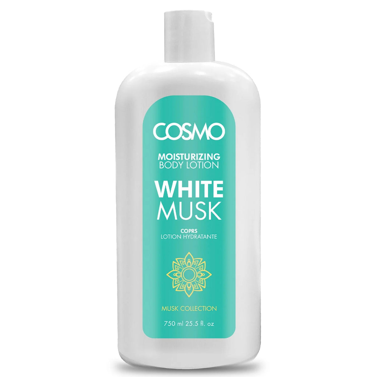 Loción corporal hidratante White Musk de Cosmo 750 ml con aroma a almizcle blanco. Hidrata, suaviza y perfuma la piel con una fragancia limpia y delicada.