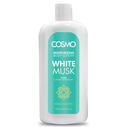 Loción corporal hidratante White Musk de Cosmo 750 ml con aroma a almizcle blanco. Hidrata, suaviza y perfuma la piel con una fragancia limpia y delicada.