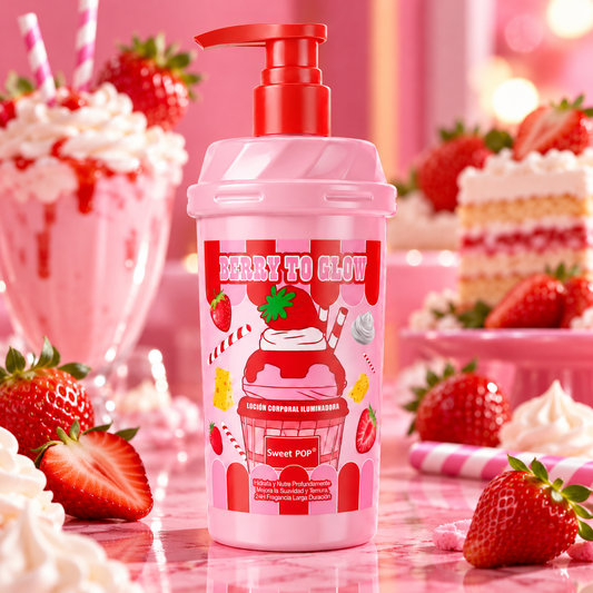 Loción corporal iluminadora Berry To Glow de Sweet POP 500 ml con extracto de fresa, niacinamida, manteca de karité y vitamina E.