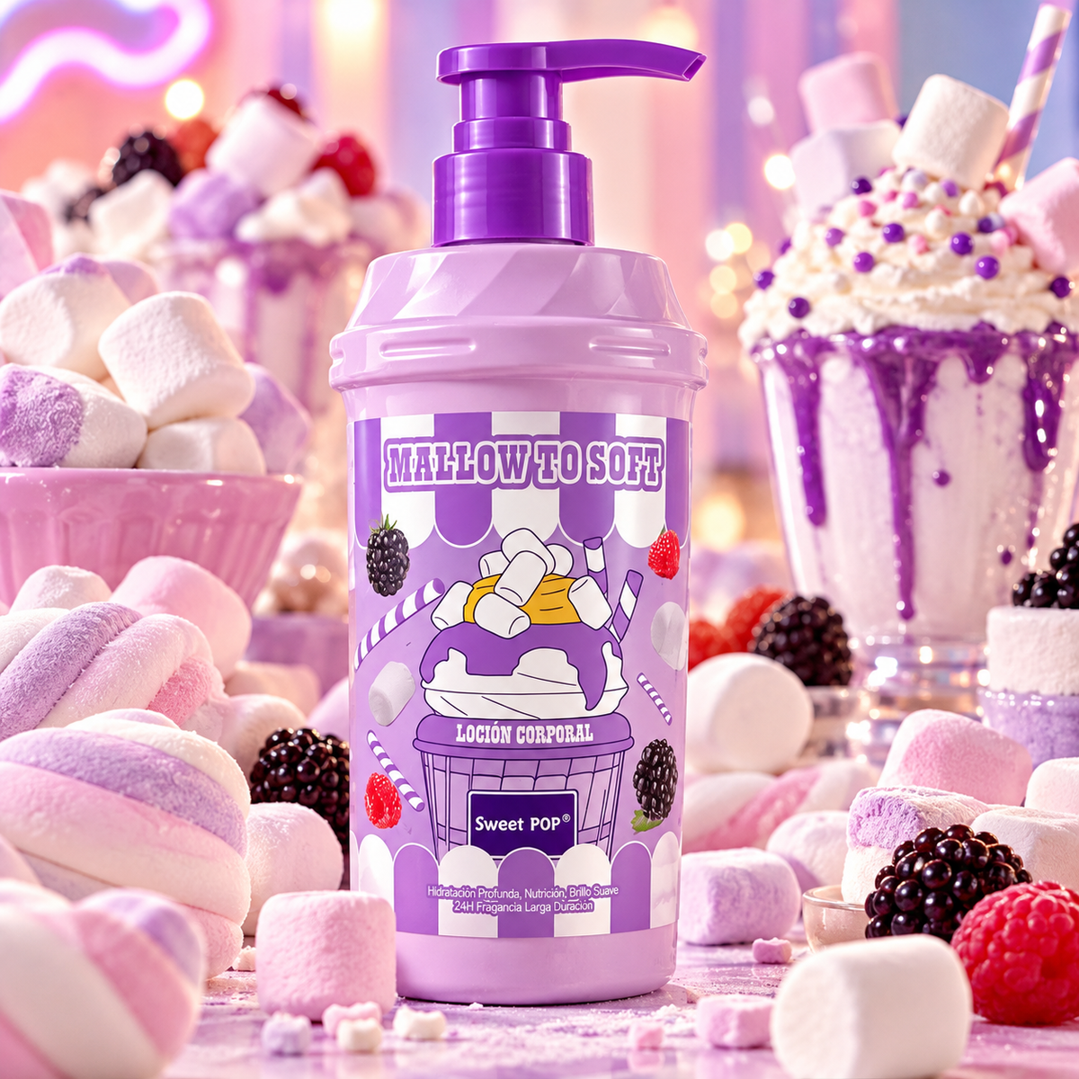 Loción Corporal Mallow To Soft Sweet POP 500 ml con extracto de frambuesa, manteca de karité, vitamina E y ceramidas. Hidratación y suavidad.
