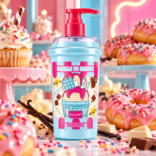 Loción corporal Vanilla To Smooth de Sweet POP 500 ml con vainilla, escualano, manteca de karité y vitamina E. Hidrata, nutre y suaviza la piel.