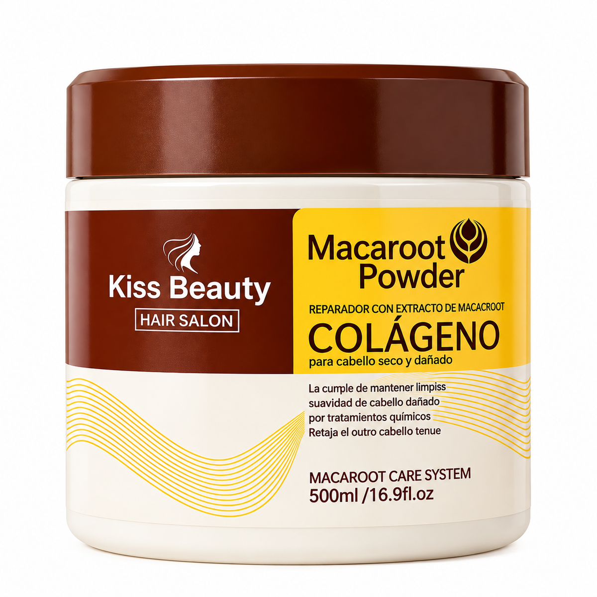 Mascarilla Capilar Reparadora con Colágeno Kiss Beauty Macaroot Powder 500 ml para cabello seco y dañado.