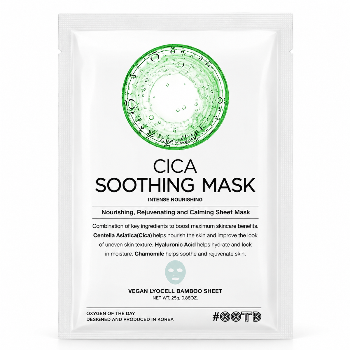 Mascarilla facial Cica Soothing Mask de OOTD de 25 g con centella asiática, ácido hialurónico y camomila para hidratar, calmar y nutrir la piel.