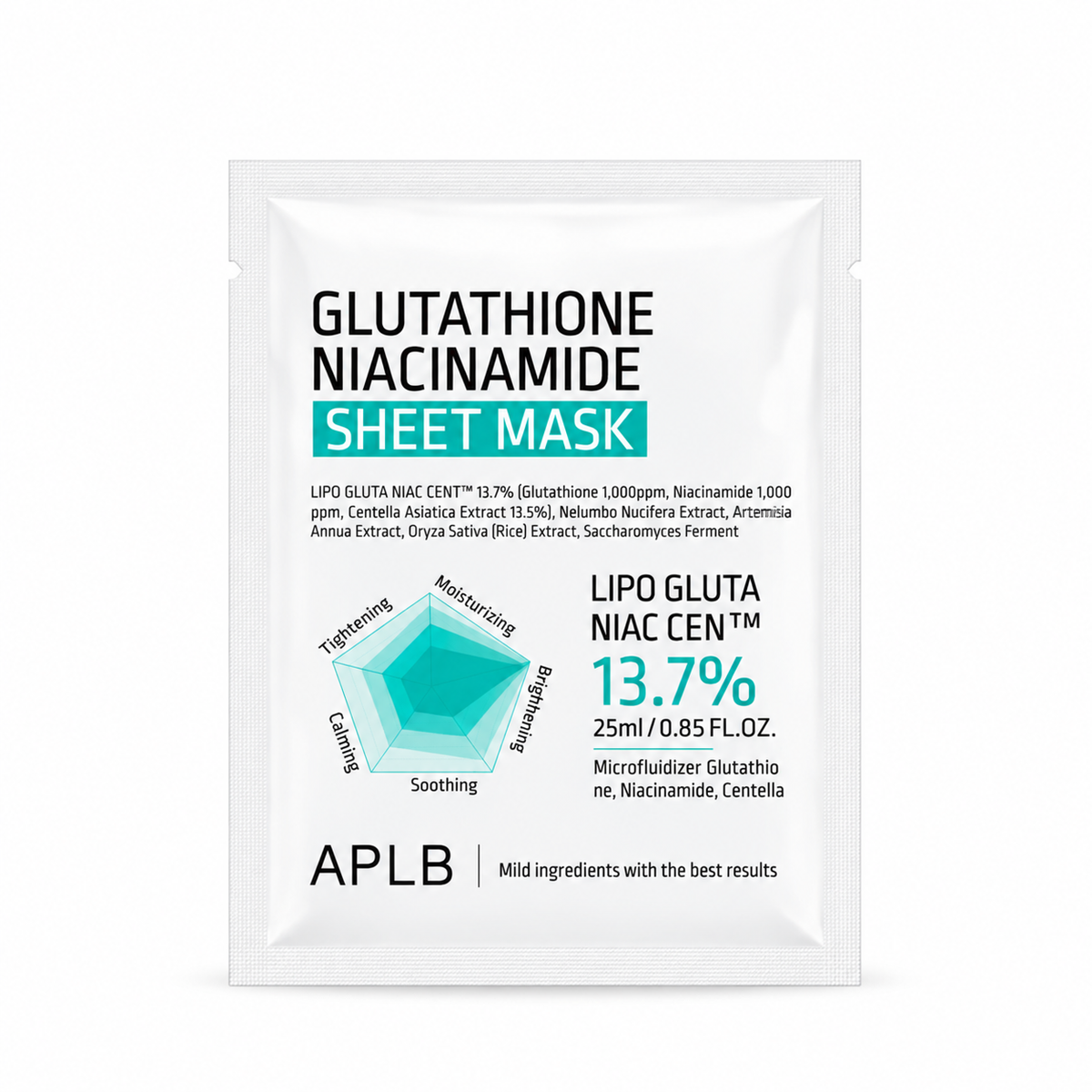 Mascarilla facial coreana APLB Glutathione Niacinamide Sheet Mask de 25 ml, con glutatión y niacinamida para hidratar, iluminar y mejorar el tono de la piel.