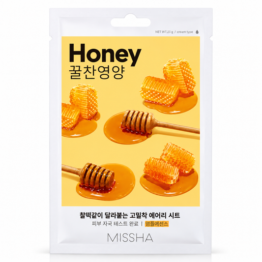 Mascarilla facial coreana Missha Airy Fit Honey con miel, ideal para nutrir, hidratar y suavizar la piel.