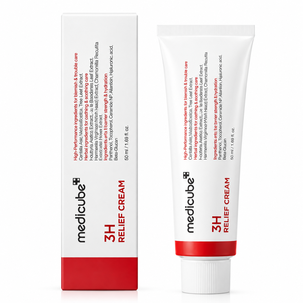 Medicube 3H Relief Cream de 50 ml, crema facial coreana calmante e hidratante con niacinamida, ceramidas y ácido hialurónico. Ayuda a fortalecer la barrera cutánea, aliviar las rojeces y cuidar la piel sensible. Tubo blanco con detalles rojos y caja original.