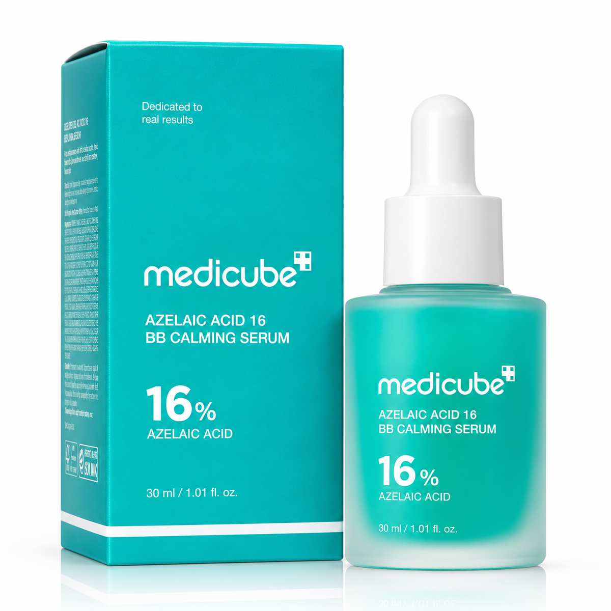 Medicube Azelaic Acid 16 BB Calming Serum de 30 ml, sérum facial coreano con ácido azelaico al 16 % para piel con imperfecciones, rojeces y marcas de acné. Envase turquesa con gotero y caja original.