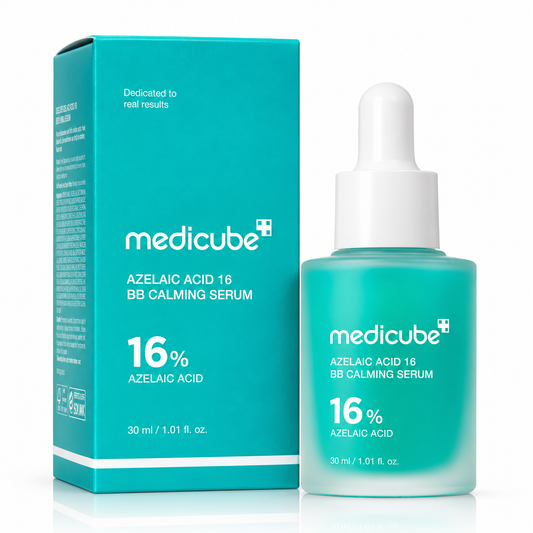Medicube Azelaic Acid 16 BB Calming Serum de 30 ml, sérum facial coreano con ácido azelaico al 16 % para piel con imperfecciones, rojeces y marcas de acné. Envase turquesa con gotero y caja original.