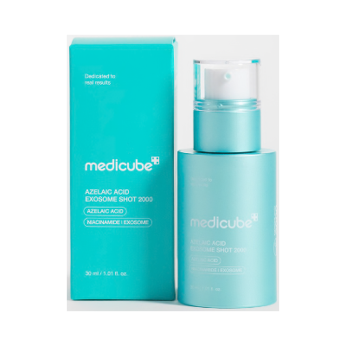 Medicube Azelaic Acid Exosome Shot 2000 de 30 ml, tratamiento facial coreano con ácido azelaico y exosomas para mejorar la apariencia de los poros, las imperfecciones y las rojeces, con envase turquesa y caja original. 
