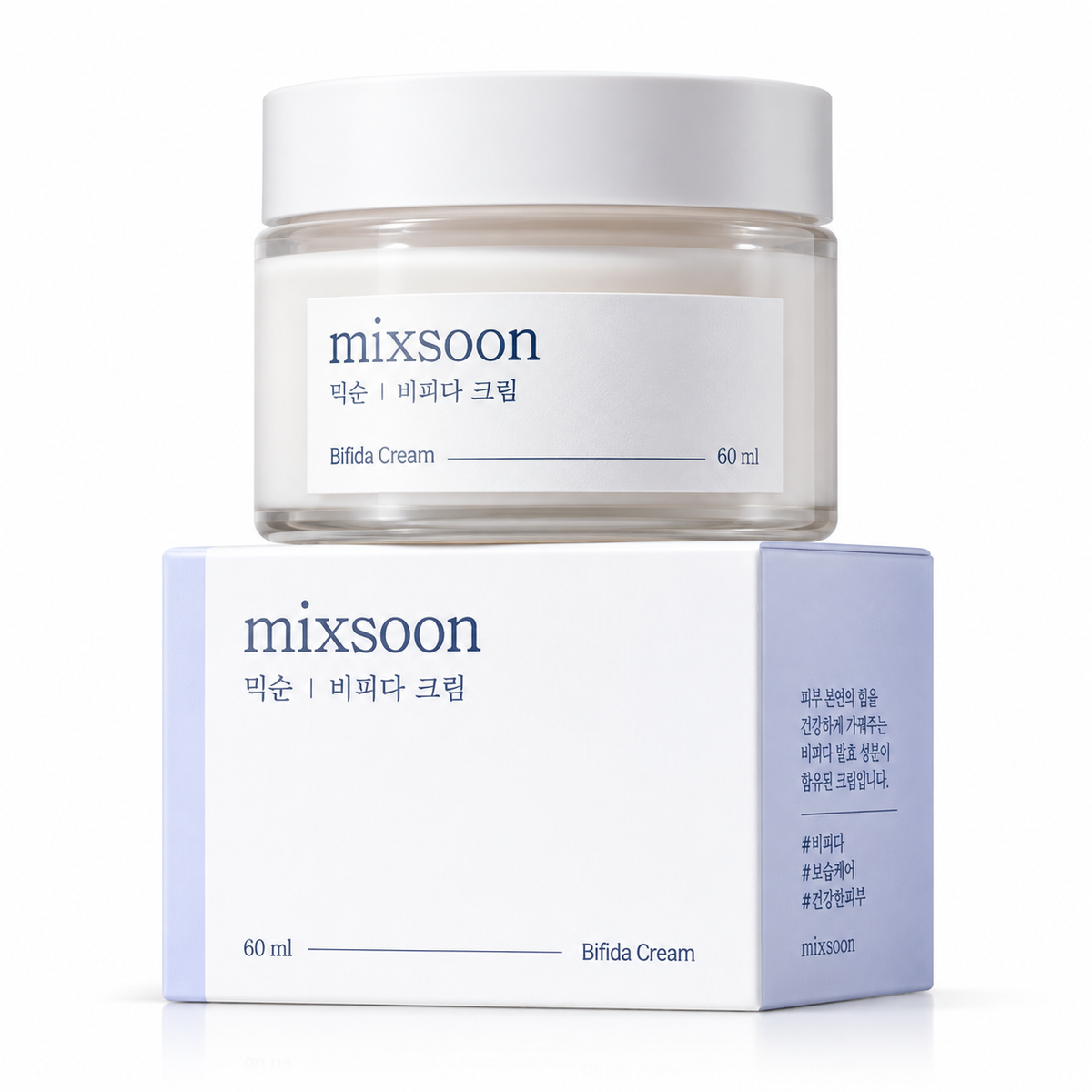 Mixsoon Bifida Cream de 60 ml, crema facial coreana con fermentos de bífida que ayuda a fortalecer la barrera cutánea, hidratar y mejorar la elasticidad de la piel. Tarro blanco con su caja original.
