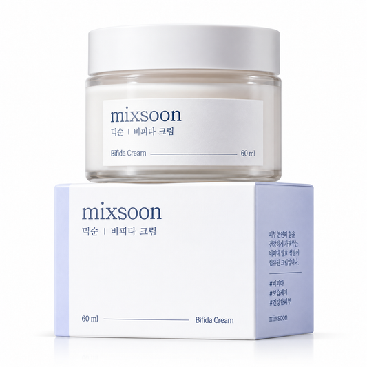 Mixsoon Bifida Cream de 60 ml, crema facial coreana con fermentos de bífida que ayuda a fortalecer la barrera cutánea, hidratar y mejorar la elasticidad de la piel. Tarro blanco con su caja original.