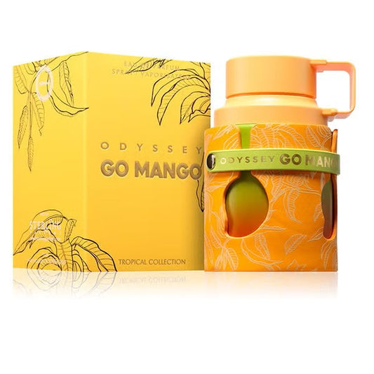 Perfume Odyssey Go Mango de Armaf unisex con notas de mango, limón, jengibre, haba tonka, vainilla y ámbar.