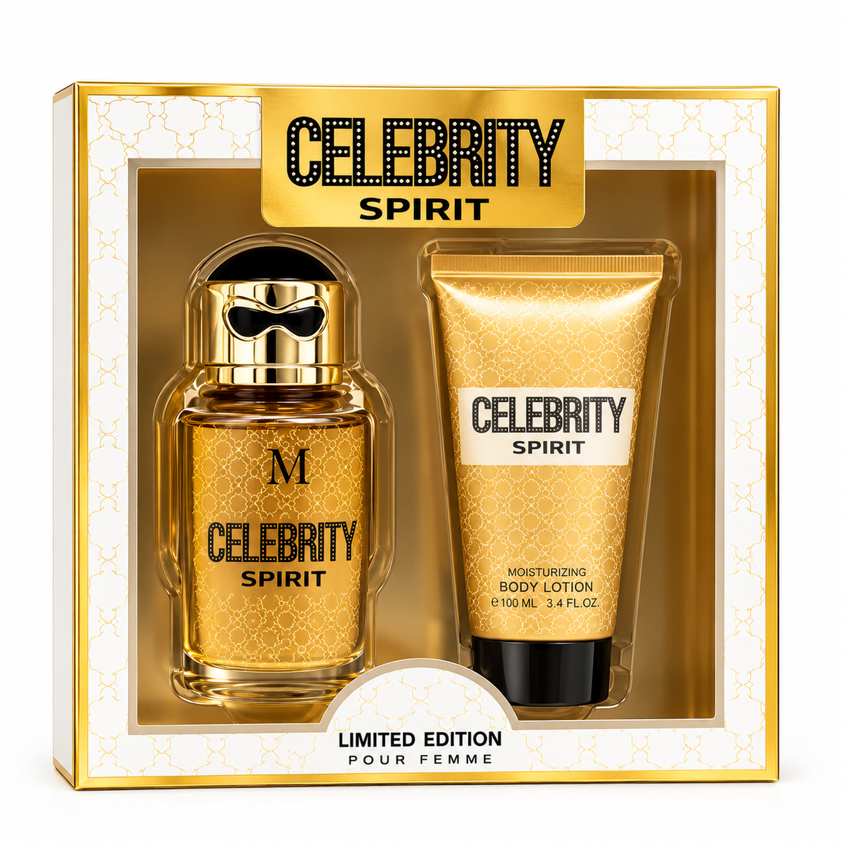 Pack Celebrity Spirit Pour Femme con perfume inspirado en Fame de Rabanne y loción corporal hidratante de 100 ml en estuche dorado.