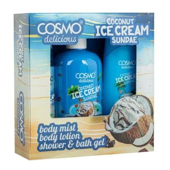 Pack corporal Cosmo Coconut Ice Cream Sundae de 3 piezas con gel de ducha, loción hidratante y bruma corporal con aroma dulce y cremoso a coco.