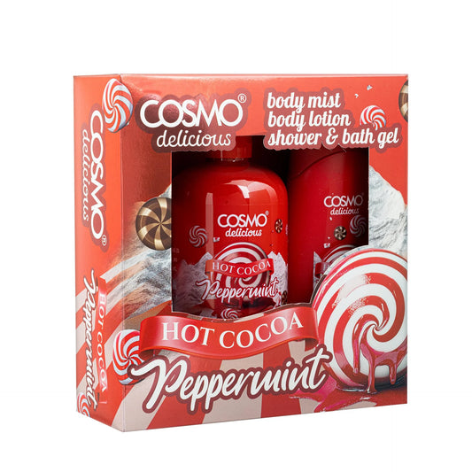 Pack corporal Cosmo Hot Cocoa Peppermint de 3 piezas con gel de ducha, loción hidratante y bruma corporal con aroma a chocolate caliente y menta.