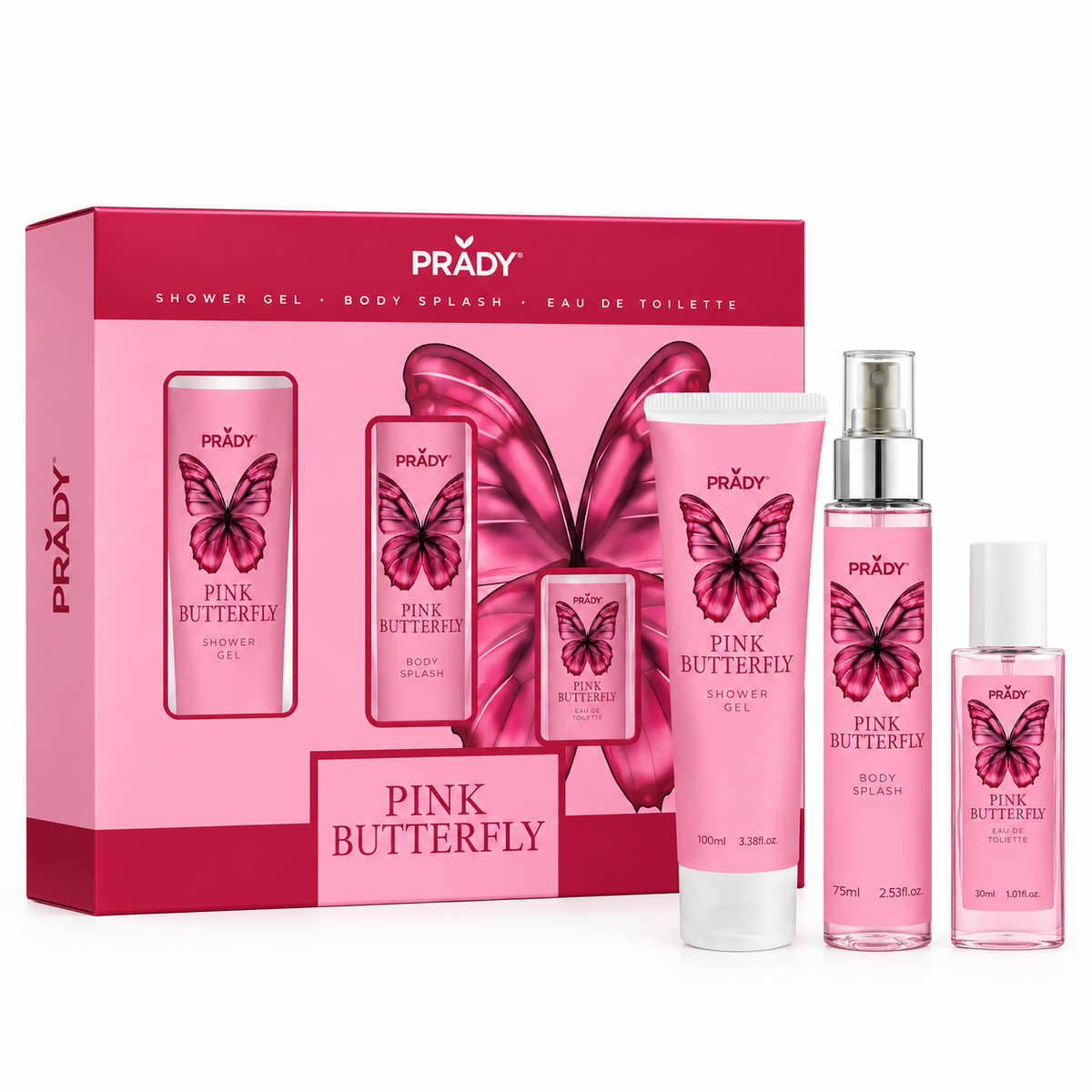 Pack Pink Butterfly de Prady con perfume de 50 ml inspirado en La Bomba de Carolina Herrera, gel de ducha de 100 ml y body splash de 75 ml.