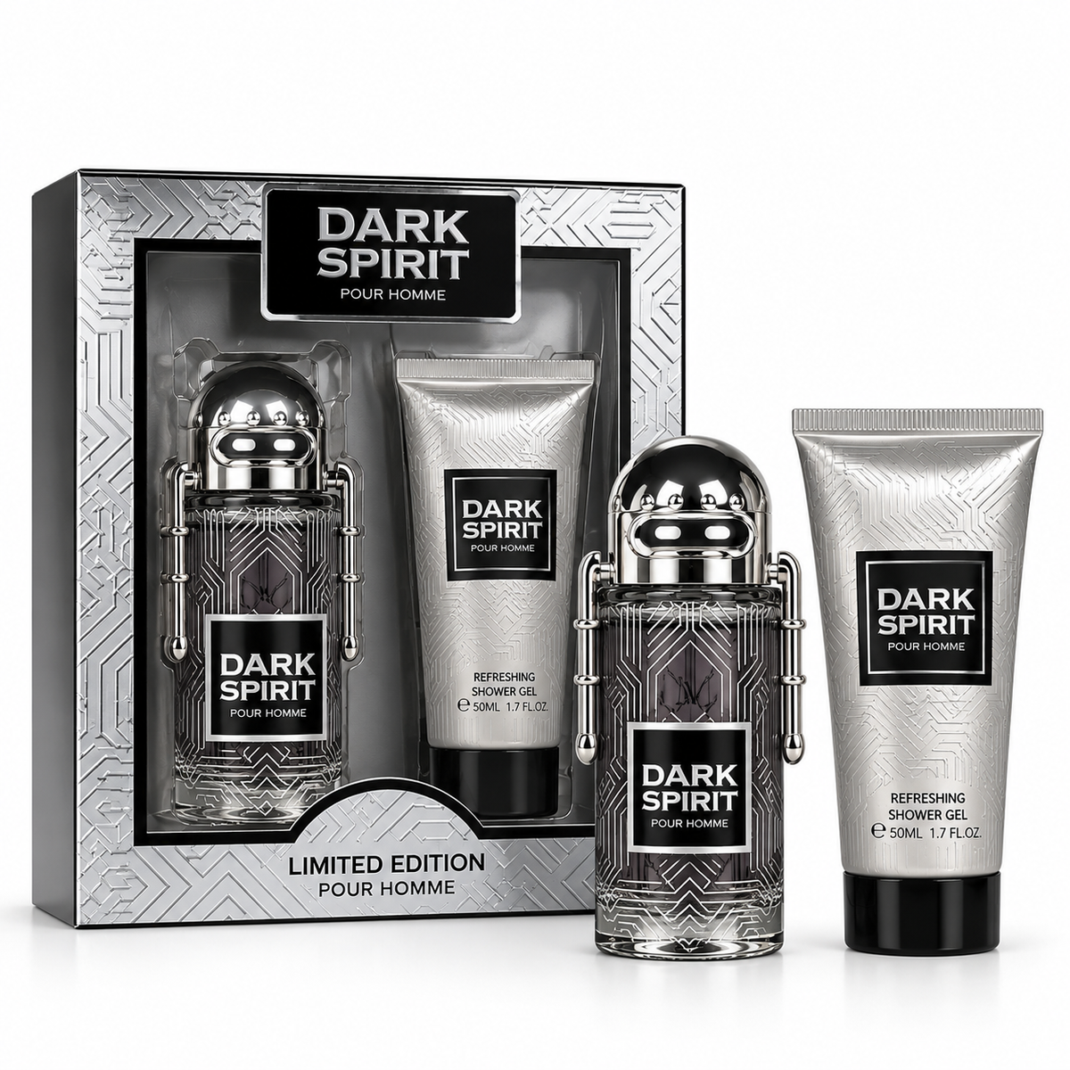 Pack regalo Dark Spirit Pour Homme con perfume masculino y gel de ducha, inspirado en Phantom de Rabanne.