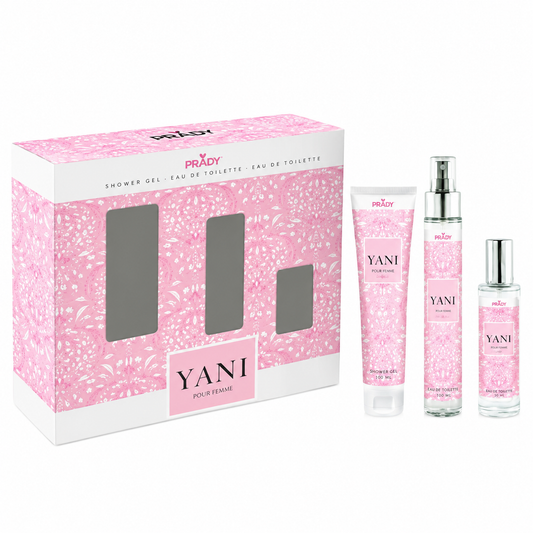 Pack Yani Rosa de Prady inspirado en Yara Rosa de Lattafa, con Eau de Toilette de 100 ml y 30 ml y gel de ducha de 100 ml en estuche rosa.