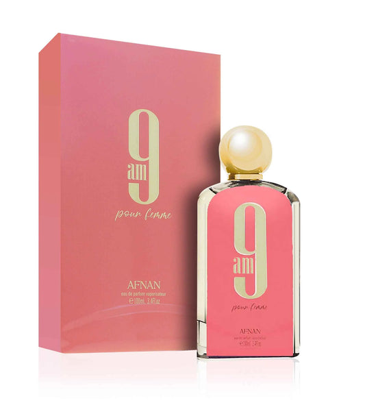 Perfume 9am pour Femme de Afnan para mujer, fragancia árabe fresca y afrutada con notas de pomelo, mandarina, frambuesa, grosellas negras y almizcle.