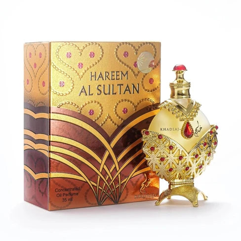 Perfume en aceite Hareem Al Sultan Gold de Khadlaj para mujer con notas de bergamota, jazmín, peonía, piña, melocotón, almizcle y sándalo.