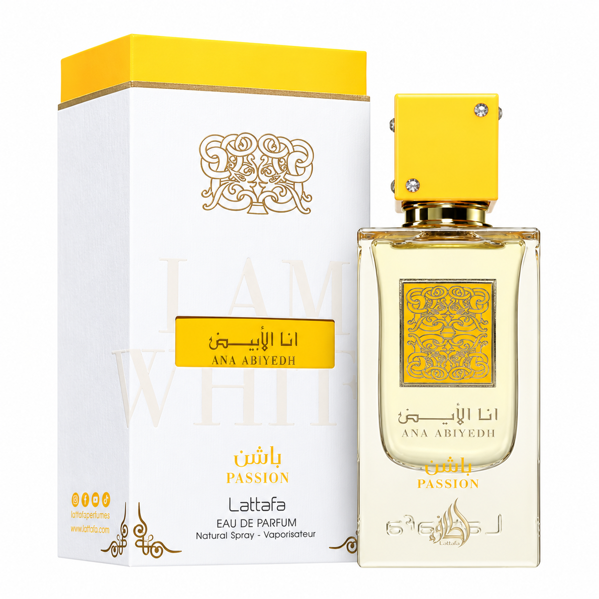 Perfume Ana Abiyedh Passion de Lattafa con frasco de cristal, tapón amarillo y caja blanca y amarilla sobre fondo blanco.