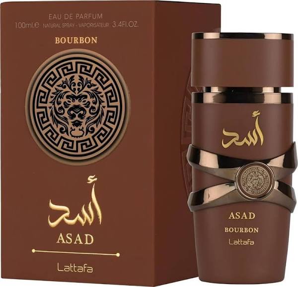 Perfume Asad Bourbon Lattafa para hombre con notas de cacao, vainilla Bourbon, ciruela, ámbar y vetiver