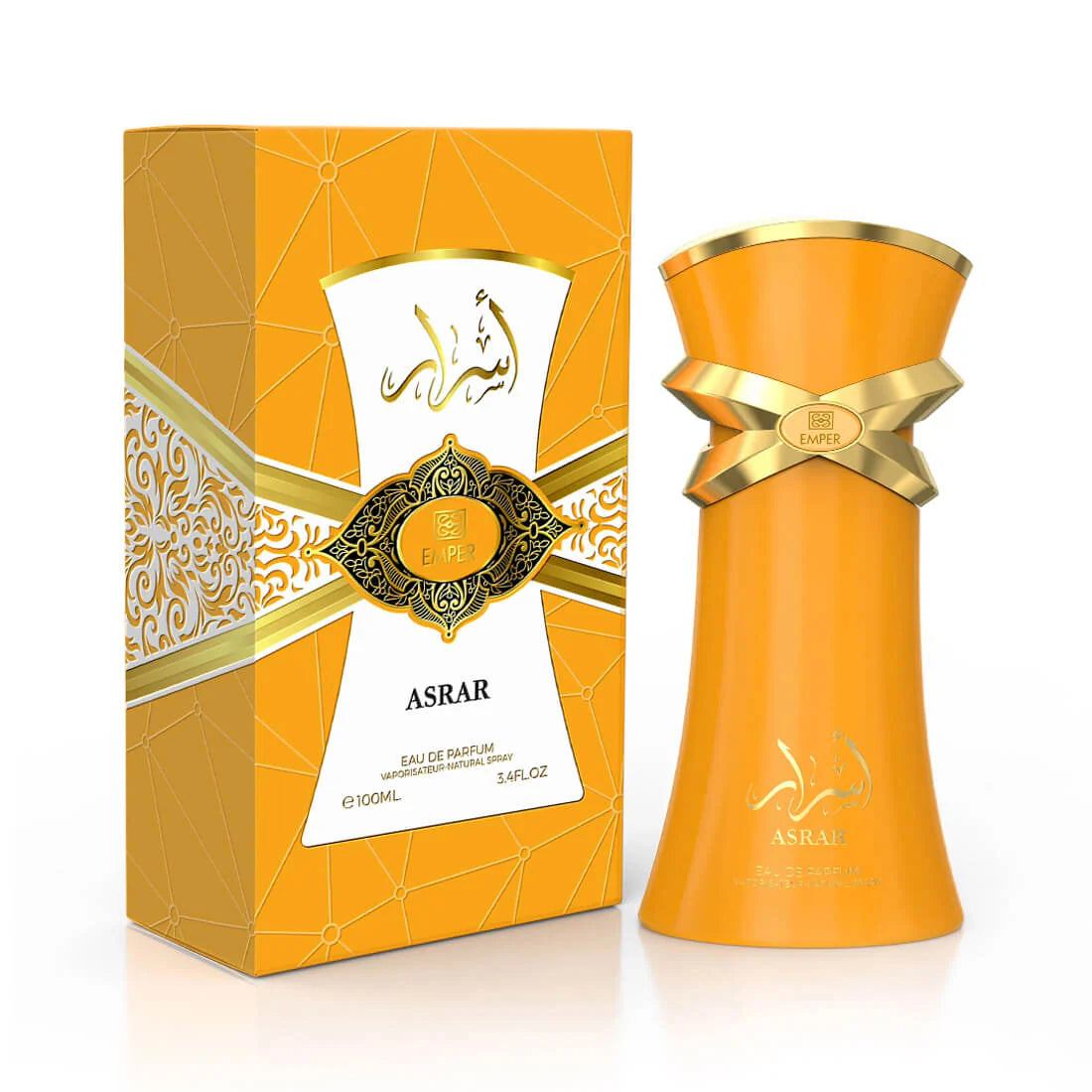 Perfume Asrar Emper con notas de naranja brasileña, melón, canela, vainilla de Madagascar y ámbar