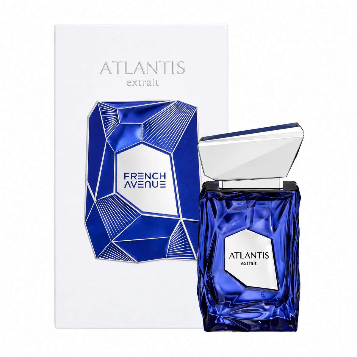Perfume Atlantis Extrait de French Avenue con frasco de cristal azul y tapón plateado junto a su caja blanca original sobre fondo blanco.