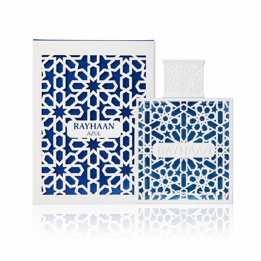 Perfume Azul de Rayhaan para hombre con notas frescas de limón, bergamota, flor del pomelo, calone y sándalo.