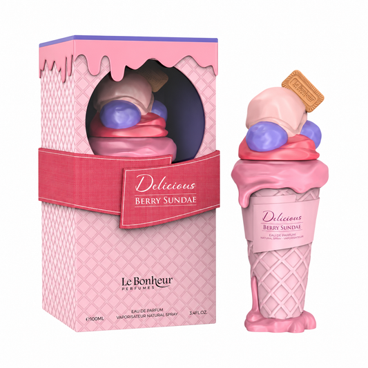 Perfume Berry Sundae de Le Bonheur de 100 ml con frasco rosa en forma de helado y caja original sobre fondo blanco.