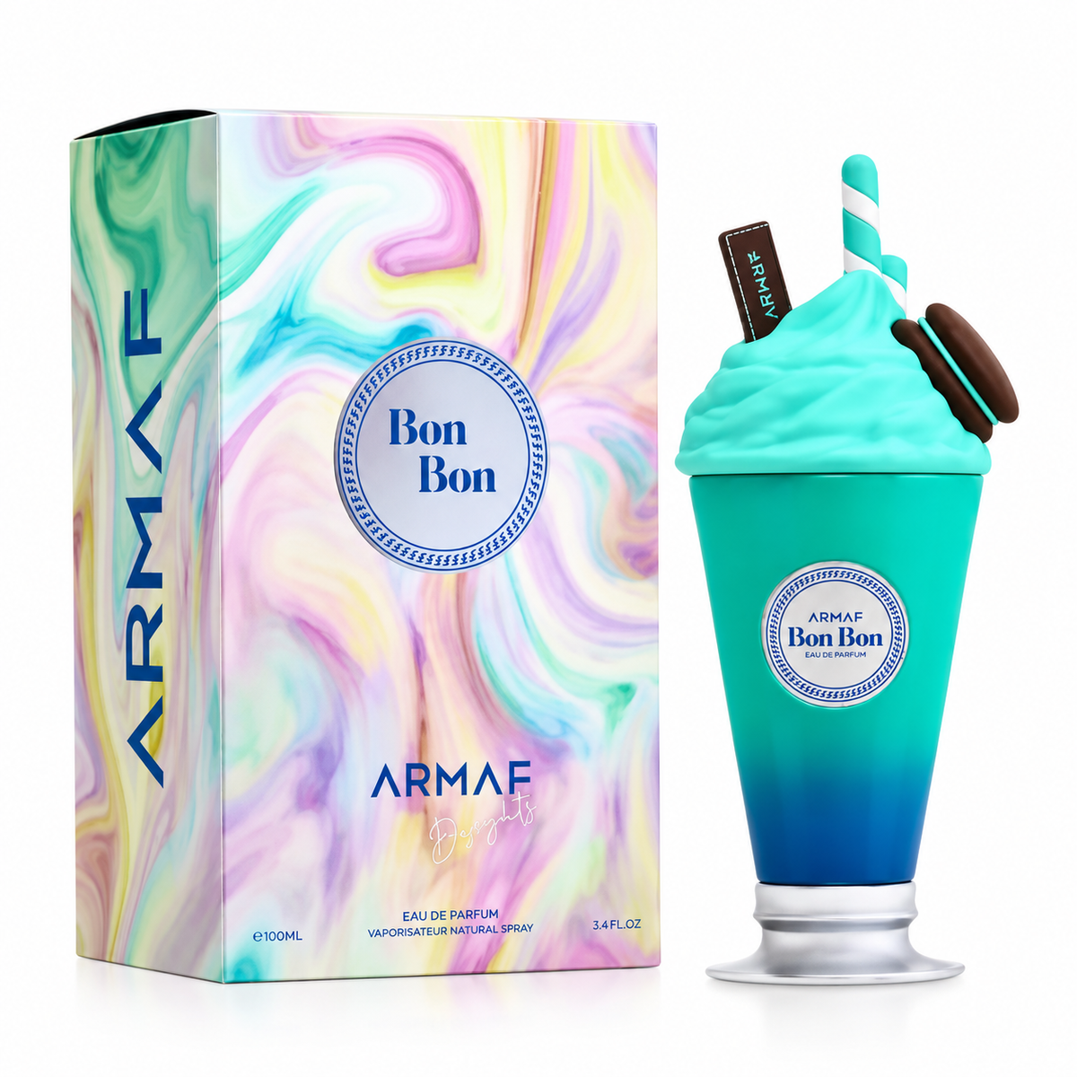 Perfume Bon Bon Desserts de Armaf 100 ml, frasco turquesa con forma de batido y caja original multicolor sobre fondo blanco.