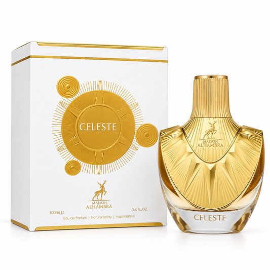 Perfume Celeste de Maison Alhambra 100 ml, frasco dorado con detalles geométricos y caja original blanca y dorada sobre fondo blanco.