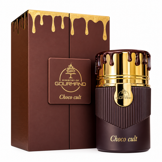 Perfume Choco Cult de Ministry of Gourmand, frasco marrón chocolate con detalles dorados acompañado de su caja original marrón y dorada.