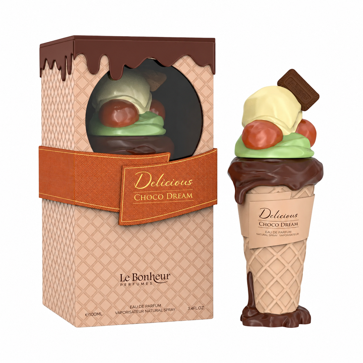 Texto alternativo:
Perfume Choco Dream de Le Bonheur de 100 ml, con frasco en forma de helado y caja original sobre fondo blanco.