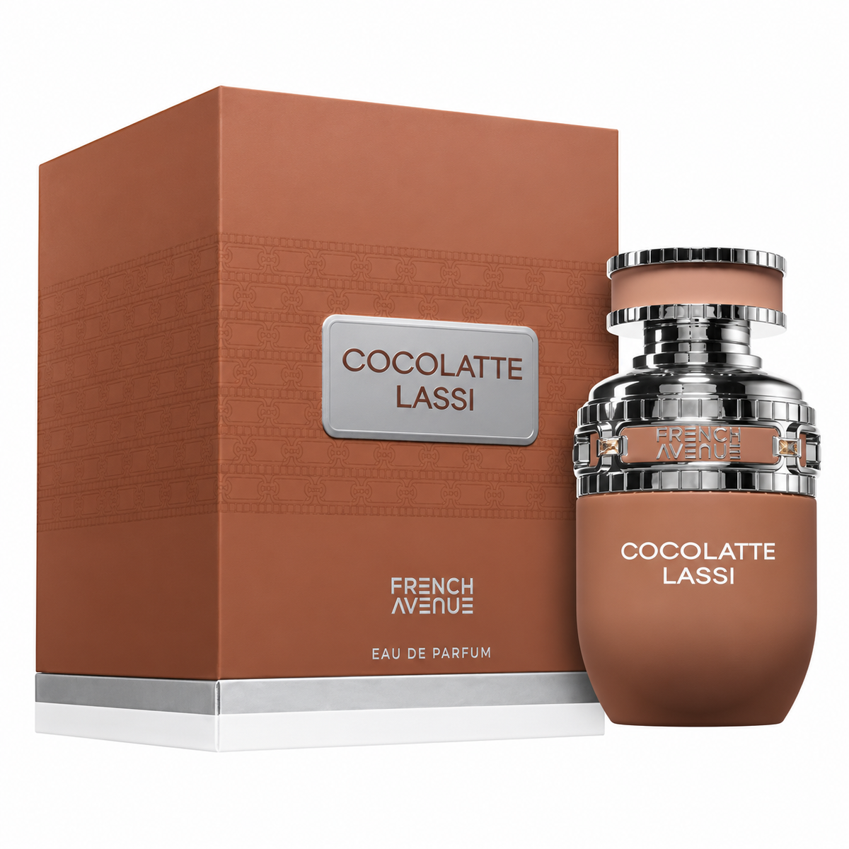Perfume Cocolatte Lassi de French Avenue con frasco marrón y detalles plateados junto a su caja original sobre fondo blanco.