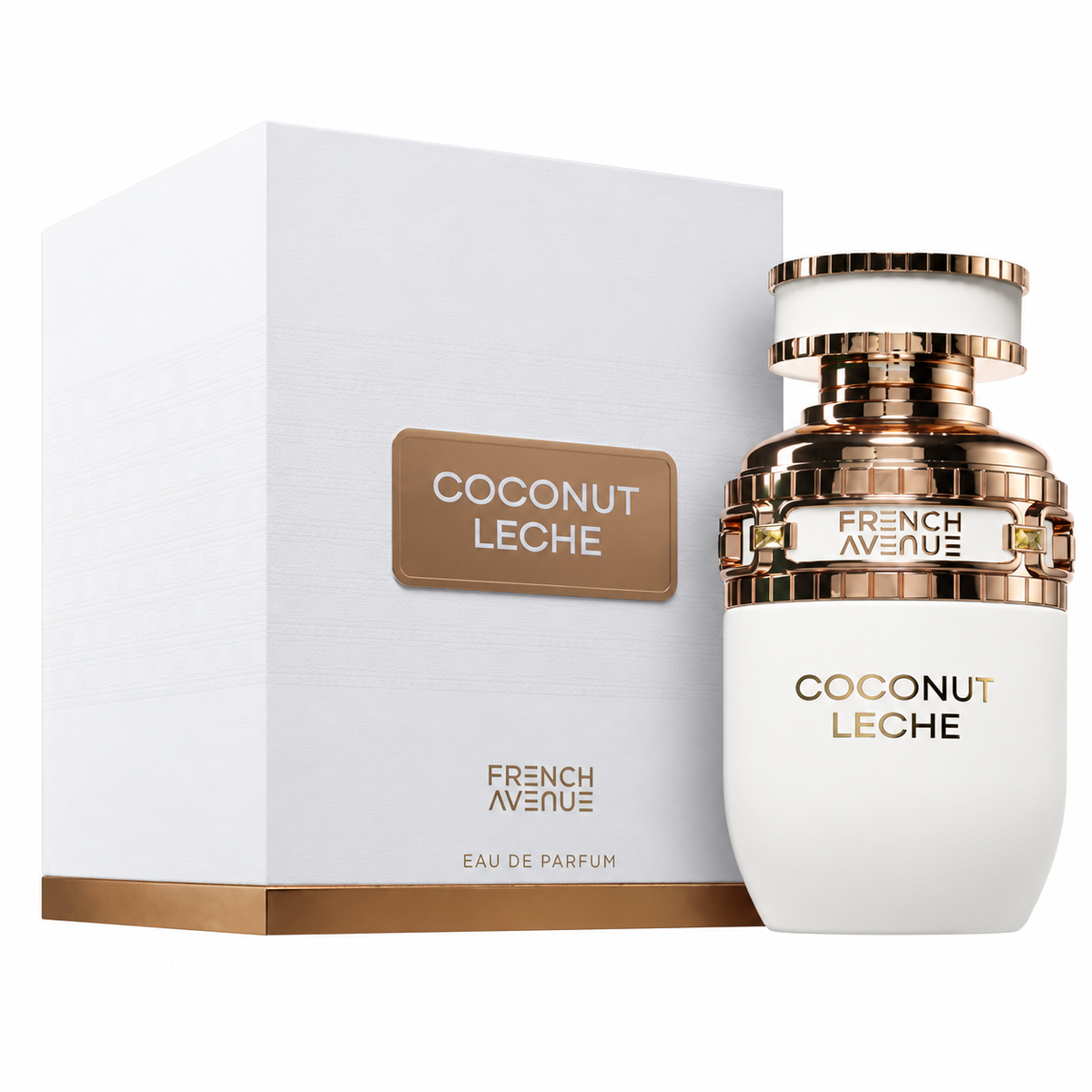 Perfume Coconut Leche de French Avenue con frasco blanco y detalles dorados junto a su caja original sobre fondo blanco.