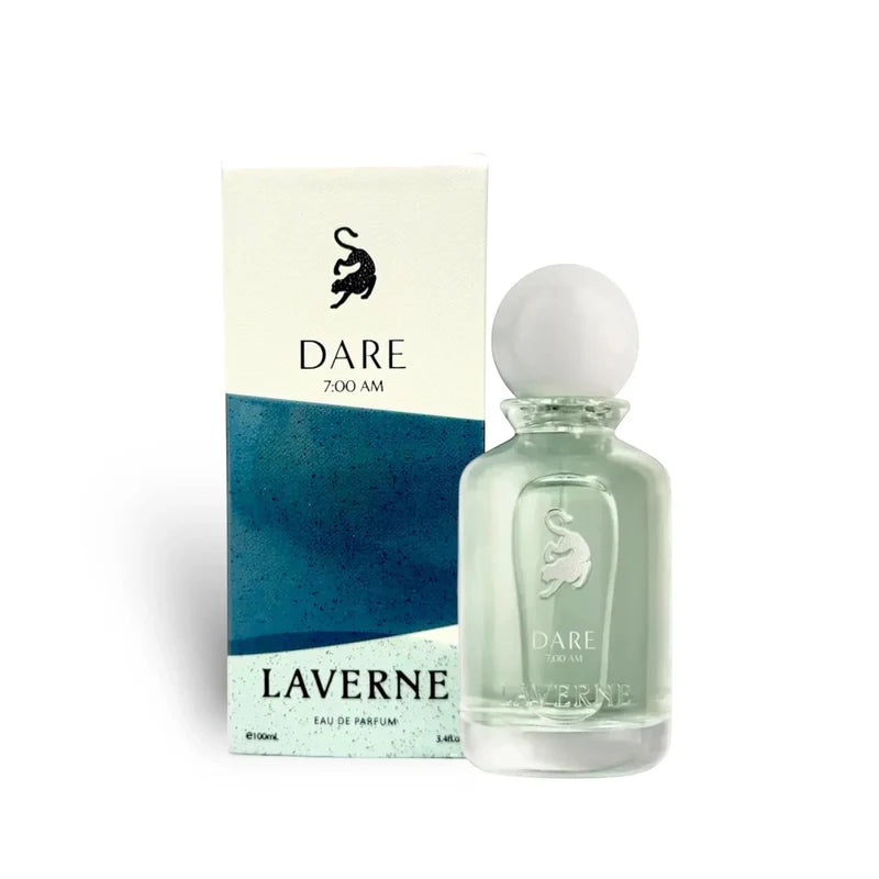 Perfume Dare 7:00 AM de Laverne, fragancia afrutada y floral con notas de melocotón, manzana, bergamota, jazmín, rosa, almizcle y ámbar.