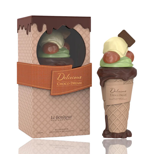 Perfume Delicious Choco Dream Le Bonheur con notas de chocolate, algodón de azúcar, vainilla y coco
