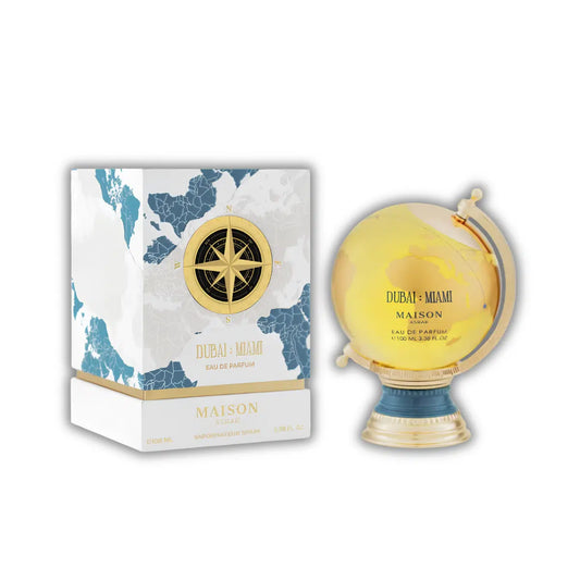 Perfume Dubai Miami Maison Asrar unisex con notas de ciruela, pera, caramelo, vainilla y almizcle blanco