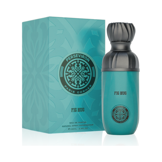Perfume Fig Hug de Perseviron by Paris Corner, Eau de Parfum de 100 ml, con frasco turquesa y tapón negro junto a su caja original. 

perfume-fig-hug-perseviron-paris-corner.png
Imagen