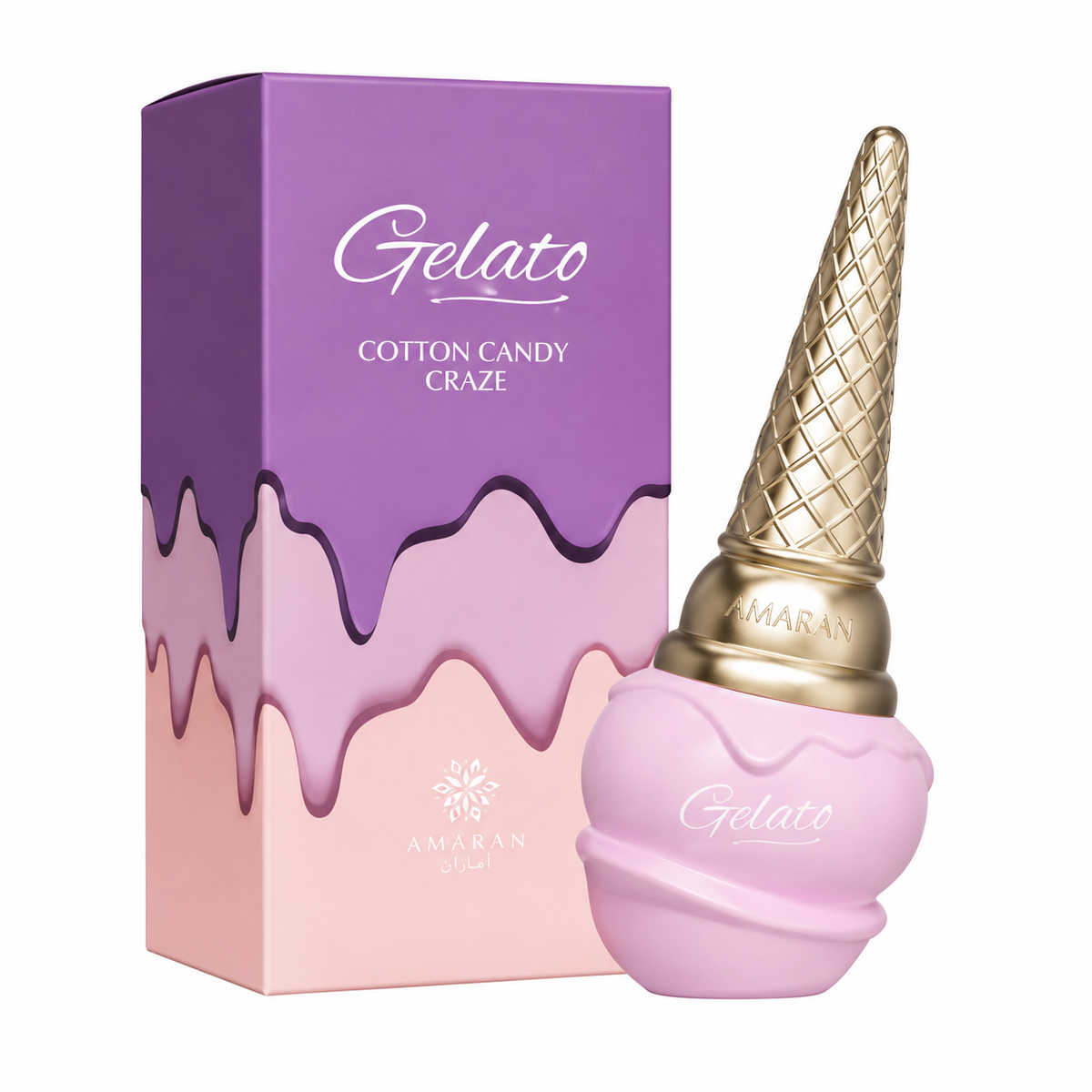 Perfume Gelato Cotton Candy Craze de Amaran con frasco rosa y tapón de cono dorado junto a su caja lila y rosa sobre fondo blanco.