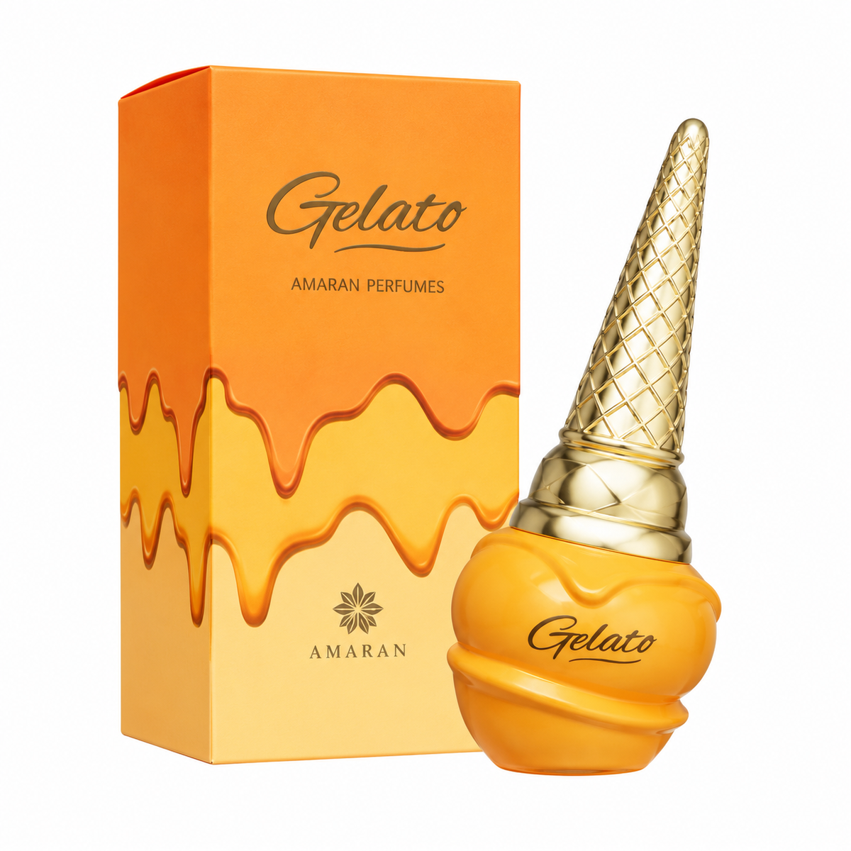 Perfume Gelato de Amaran con frasco naranja y tapón de cono dorado junto a su caja original sobre fondo blanco.