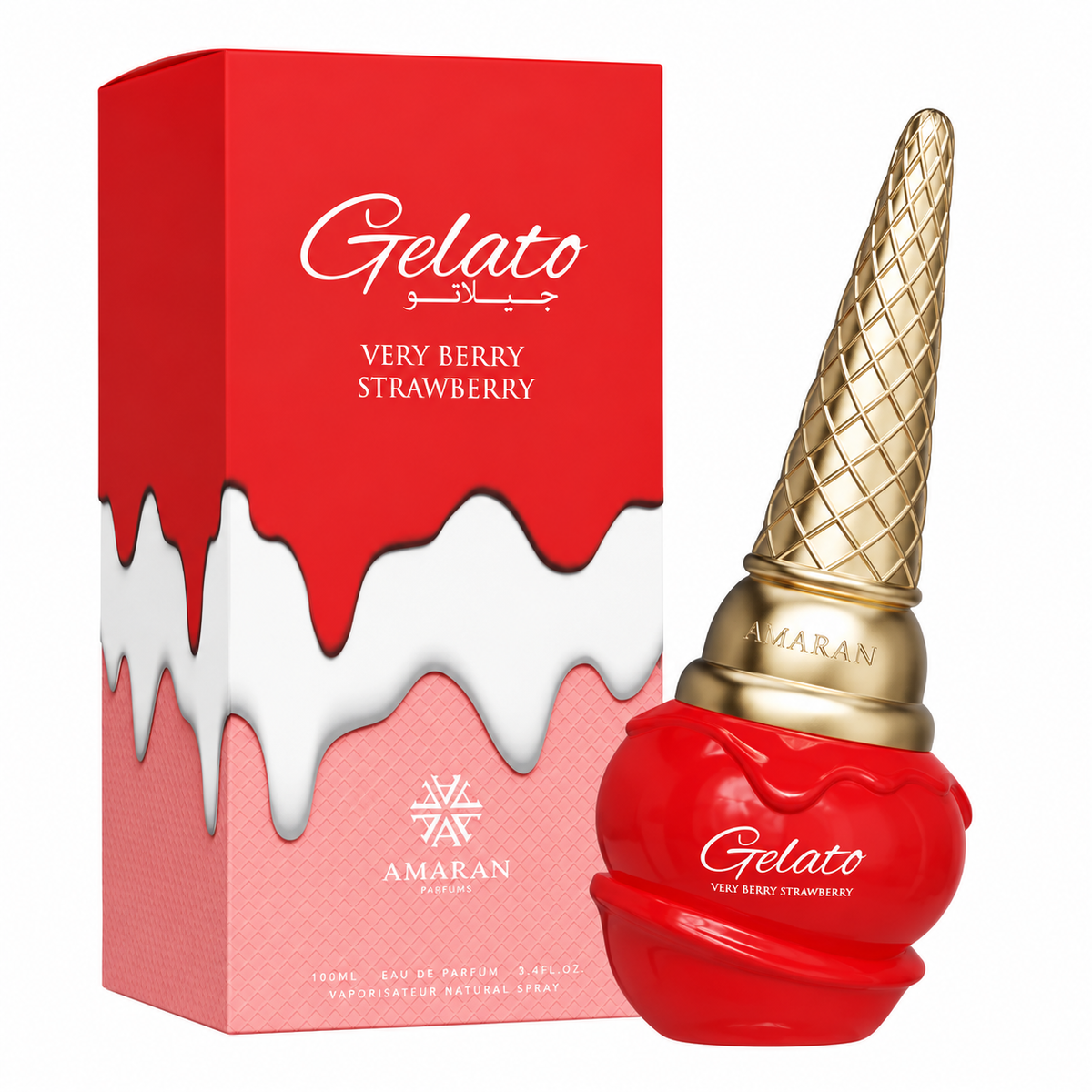 Perfume Gelato Very Berry Strawberry de Amaran con frasco rojo y tapón de cono dorado junto a su caja original sobre fondo blanco.
