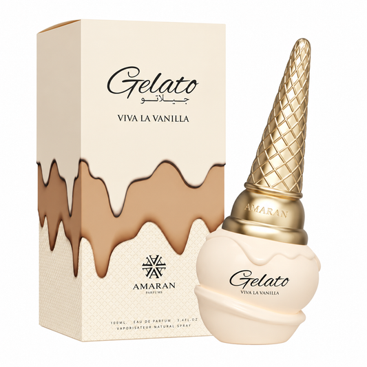 Perfume Gelato Viva La Vanilla de Amaran con frasco crema y tapón de cono dorado junto a su caja original sobre fondo blanco.